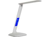 a white desk lamp with a blue light on top of it