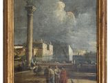 an oil painting of people on a beach with a lighthouse in the background