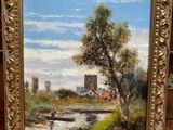 une peinture à l'huile représentant un paysage avec une rivière et une église en arrière-plan