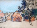 drawing of a drawing of a landscape with a tree in the foreground and tents in the background