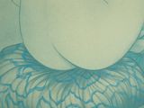 a drawing of a woman sitting on top of a pillow