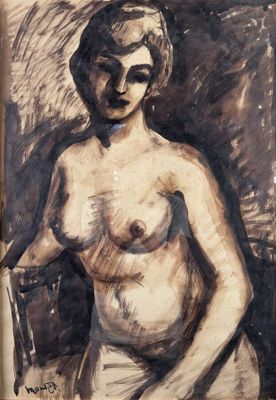 an image of a painting of a nude woman with a chair