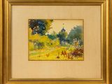 an image of a painting of a farm scene in a gold frame