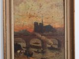 une peinture à l'huile représentant des bateaux dans un port avec un château à l'arrière-plan