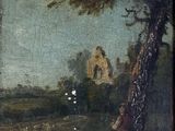 painting of a landscape with a church in the distance and a tree in the foreground