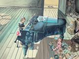 a painting of a man playing a piano in a room full of people