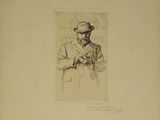 an old drawing of a man in a hat and coat
