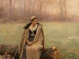 painting of a woman sitting on a log in a field