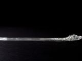 a glass spoon with ice on it sitting on a table