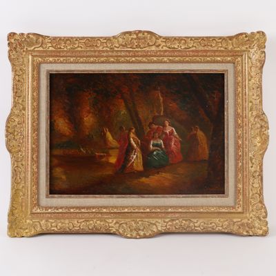 an image of a painting of a woman and a man in a wooded setting