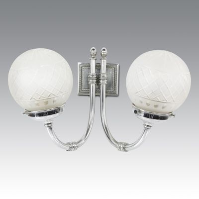 two light wall sconce with white glass shades on a silver background