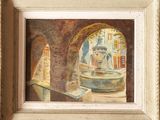 une photo d'un tableau représentant une fontaine au centre de l'image