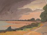 an oil painting of a road leading to a body of water under a cloudy sky