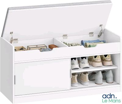 banquette de rangement blanche pour chaussures, avec portes et tiroirs