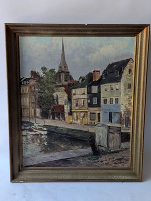 an image of a painting of a city with a church steeple