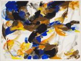 an abstract painting of blue, yellow and black paint on a white background
