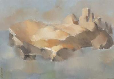an oil painting of a desert landscape with a mountain in the background