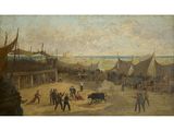 tableau représentant un tableau où l'on voit des gens sur une plage, avec des bateaux et d'autres personnes sur le rivage