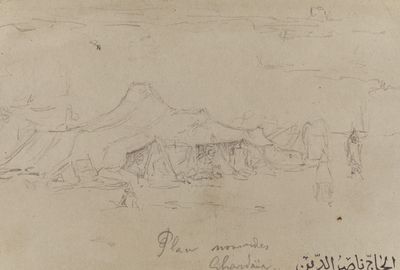 dessin représentant un groupe de personnes dans une tente sur une plage