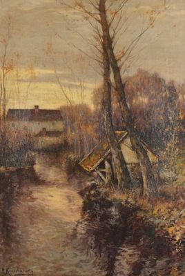 l'image d'une peinture représentant une rivière avec une maison à l'arrière-plan