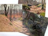 three paintings of a forest scene with trees, rocks, and rocks