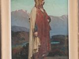 an image of a painting of a man standing in front of a mountain range