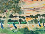 un tableau représentant des voiliers sur l'eau au coucher du soleil