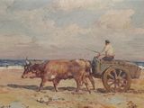 painting of a man driving a cart with two cows on the beach