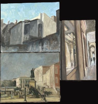three paintings of a street scene with buildings and a horse drawn carriage