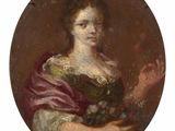 un tableau représentant une femme tenant un bouquet de fleurs à la main