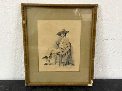 an old picture of a man in a hat sitting on a chair