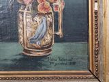 a painting of flowers in a vase with a bird in it