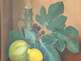 une peinture représentant une nature morte avec des fruits et une bougie