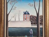 une peinture à l'huile représentant un homme en train de pêcher devant une maison