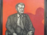 a painting of a man in a suit and tie sitting on a chair