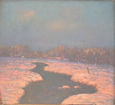 an oil painting of a river running through a snow covered field