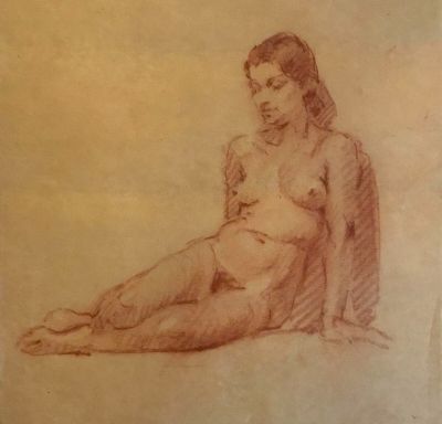 drawing of a nude woman sitting on the ground with her legs crossed