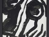 black and white drawing of a dog ' s face in a black frame