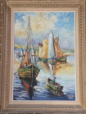painting of sailboats in the water with a sky background