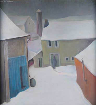painting of a man walking down a snow covered street in a village