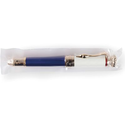 a close up of a pen in a clear bag on a white surface