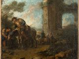 an image of a painting of a man on a horse in a wooded area
