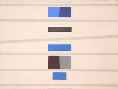 an image of a picture of a painting with blue, grey, and red squares