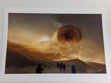 an image of a painting of people walking on a beach with a giant octopus coming out of the water