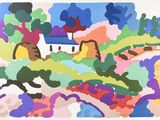 une image d'un tableau représentant une maison au milieu d'un champ
