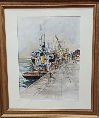 une photo d'un tableau représentant des bateaux amarrés à un quai
