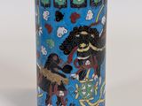 a blue vase with a picture of a man and a woman on it