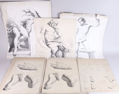 several drawings of a man sitting on a stool next to a pile of books