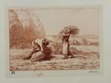 a drawing of a man and a woman working in a field