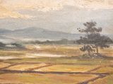 an oil painting of a field with a horse drawn carriage in the distance
